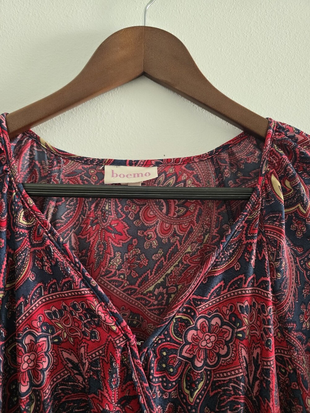 Boemo Paisley Bohemian Tiered Maxi Dress Medium Red Navy Long Sleeve V-Neck - Picture 5 of 12